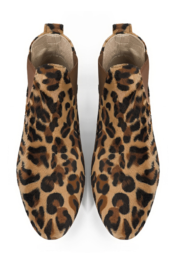 Safari black and camel beige women's ankle boots, with elastics. Round toe. Flat block heels. Top view - Florence KOOIJMAN